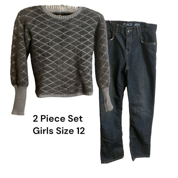 KID CHIC Girls Gray Silver Sweater SZ 12 Children's Place Blue Jeans SZ 12 Set - Picture 1 of 16
